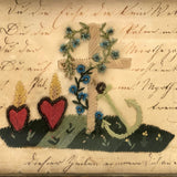 1850 Hand-embroidered Mourning Card with Handwritten Poem or Prayer  in Period Frame