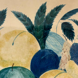 Fruits in Blues and Yellow, Wonderful 19th Century Theorem Watercolor, Framed
