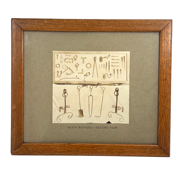 High School Second Year, Beautiful Mounted Albumen Photo of Metalwork Projects Display in Original Oak Frame