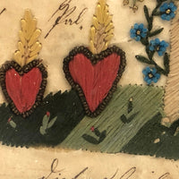 1850 Hand-embroidered Mourning Card with Handwritten Poem or Prayer  in Period Frame