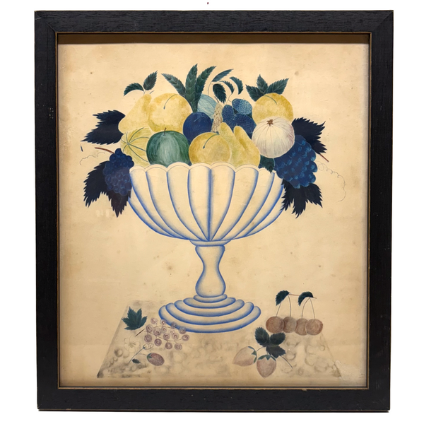 Fruits in Blues and Yellow, Wonderful 19th Century Theorem Watercolor, Framed