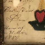 1850 Hand-embroidered Mourning Card with Handwritten Poem or Prayer  in Period Frame