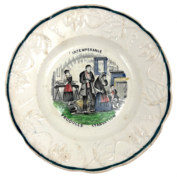 Intemperance Produces Starvation, Dramatic and Timely 19th C. Transferware Plate