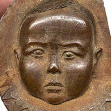 Wonderful, Curious, Finely Carved Carved Partial Face on Wooden Print Block Flip Side, Dog on Reverse