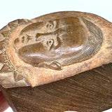 Wonderful, Curious, Finely Carved Carved Partial Face on Wooden Print Block Flip Side, Dog on Reverse