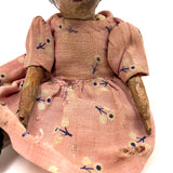 Old Carved Folk Art Doll with Great Face, Pink Dress, and One Leg