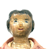 Old Carved Folk Art Doll with Great Face, Pink Dress, and One Leg