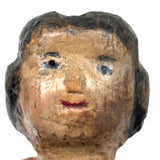 Old Carved Folk Art Doll with Great Face, Pink Dress, and One Leg