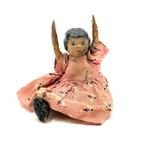 Old Carved Folk Art Doll with Great Face, Pink Dress, and One Leg