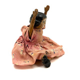 Old Carved Folk Art Doll with Great Face, Pink Dress, and One Leg