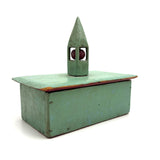 Church-like (and Transcendent) Old Painted Folk Art Box with Ball in Cage Whimsy Topper in Sea Foam Green