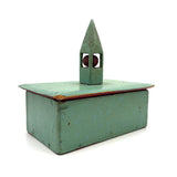 Church-like (and Transcendent) Old Painted Folk Art Box with Ball in Cage Whimsy Topper in Sea Foam Green