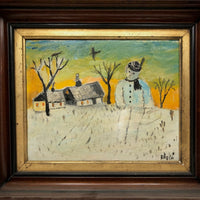 Giant Snowman Against Orange Sky with Trees and Houses, Charles Rabin Painting c. 1970s