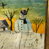 Giant Snowman Against Orange Sky with Trees and Houses, Charles Rabin Painting c. 1970s