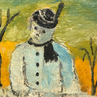 Giant Snowman Against Orange Sky with Trees and Houses, Charles Rabin Painting c. 1970s