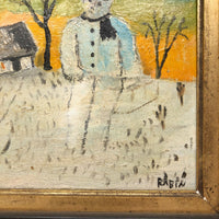Giant Snowman Against Orange Sky with Trees and Houses, Charles Rabin Painting c. 1970s