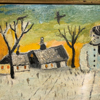 Giant Snowman Against Orange Sky with Trees and Houses, Charles Rabin Painting c. 1970s