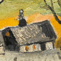 Giant Snowman Against Orange Sky with Trees and Houses, Charles Rabin Painting c. 1970s