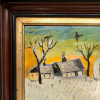Giant Snowman Against Orange Sky with Trees and Houses, Charles Rabin Painting c. 1970s