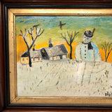 Giant Snowman Against Orange Sky with Trees and Houses, Charles Rabin Painting c. 1970s