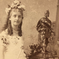 Marvelously Weird Cabinet Card "Boudoir Photo" of Girl with Wand and Armored Statue