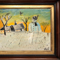 Giant Snowman Against Orange Sky with Trees and Houses, Charles Rabin Painting c. 1970s