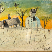 Giant Snowman Against Orange Sky with Trees and Houses, Charles Rabin Painting c. 1970s