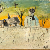 Giant Snowman Against Orange Sky with Trees and Houses, Charles Rabin Painting c. 1970s
