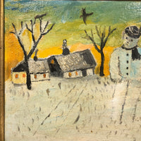 Giant Snowman Against Orange Sky with Trees and Houses, Charles Rabin Painting c. 1970s