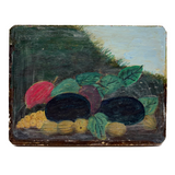 Fruits in Landscape, Very Naive and Very Wonderful 19th Century Still Life Painting on Wood Panel with Plums and Gooseberries