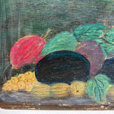 Fruits in Landscape, Very Naive and Very Wonderful 19th Century Still Life Painting on Wood Panel with Plums and Gooseberries