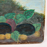 Fruits in Landscape, Very Naive and Very Wonderful 19th Century Still Life Painting on Wood Panel with Plums and Gooseberries
