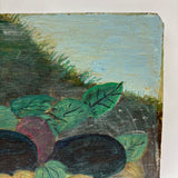 Fruits in Landscape, Very Naive and Very Wonderful 19th Century Still Life Painting on Wood Panel with Plums and Gooseberries