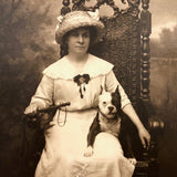 Antique Portrait Photo of Helen Jones in Ornate Throne-like Chair with Terrier and Whip