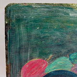 Fruits in Landscape, Very Naive and Very Wonderful 19th Century Still Life Painting on Wood Panel with Plums and Gooseberries