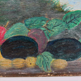 Fruits in Landscape, Very Naive and Very Wonderful 19th Century Still Life Painting on Wood Panel with Plums and Gooseberries