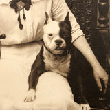 Antique Portrait Photo of Helen Jones in Ornate Throne-like Chair with Terrier and Whip