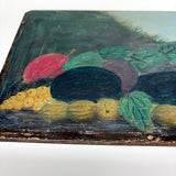 Fruits in Landscape, Very Naive and Very Wonderful 19th Century Still Life Painting on Wood Panel with Plums and Gooseberries