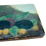 Fruits in Landscape, Very Naive and Very Wonderful 19th Century Still Life Painting on Wood Panel with Plums and Gooseberries