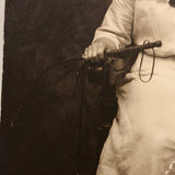Antique Portrait Photo of Helen Jones in Ornate Throne-like Chair with Terrier and Whip