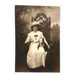 Antique Portrait Photo of Helen Jones in Ornate Throne-like Chair with Terrier and Whip