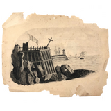 Flag, Cross, Ships and Spectators, 19th C. Ink Drawing on Paper