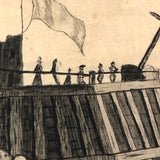 Flag, Cross, Ships and Spectators, 19th C. Ink Drawing on Paper
