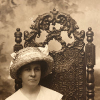 Antique Portrait Photo of Helen Jones in Ornate Throne-like Chair with Terrier and Whip