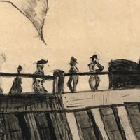 Flag, Cross, Ships and Spectators, 19th C. Ink Drawing on Paper