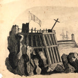 Flag, Cross, Ships and Spectators, 19th C. Ink Drawing on Paper