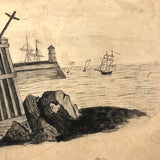 Flag, Cross, Ships and Spectators, 19th C. Ink Drawing on Paper