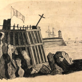 Flag, Cross, Ships and Spectators, 19th C. Ink Drawing on Paper