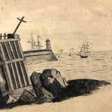 Flag, Cross, Ships and Spectators, 19th C. Ink Drawing on Paper