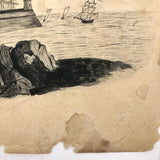 Flag, Cross, Ships and Spectators, 19th C. Ink Drawing on Paper